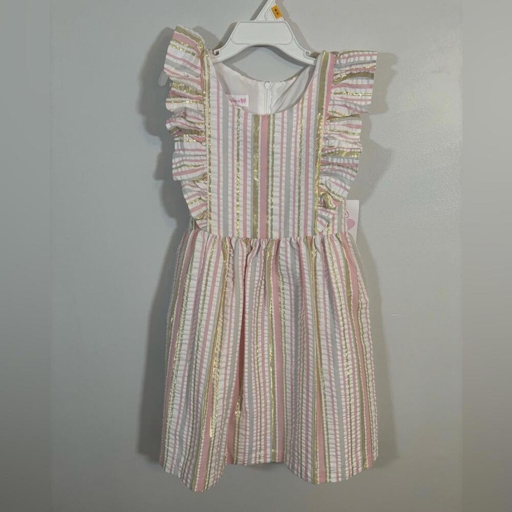 Bonnie Jean Girls Pink Gold Stripe Party Dress 6X NWT $76 Ruffle Sleeveless